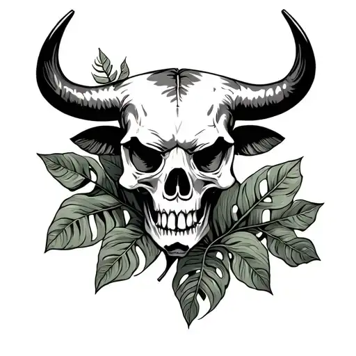 Skull Bull And Monstera Leaves