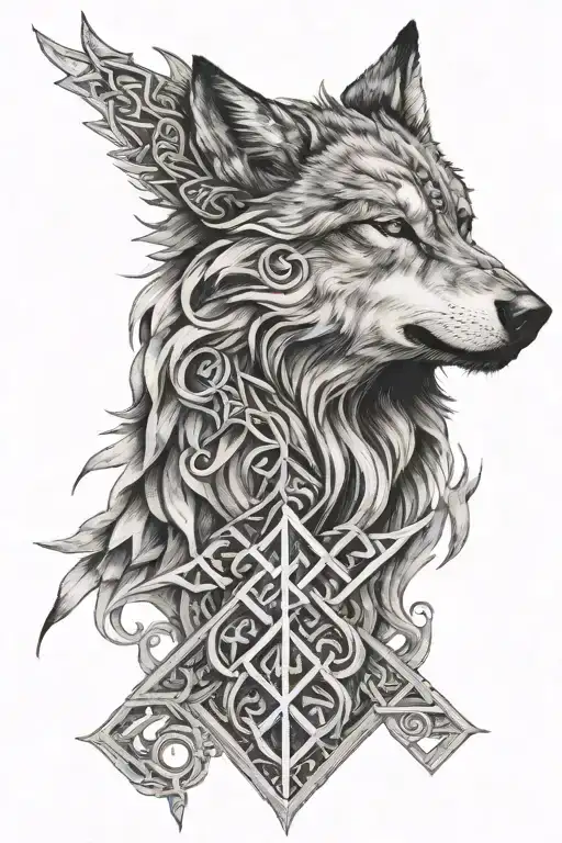 Realistic Wolf Head Made Of Norse Runes