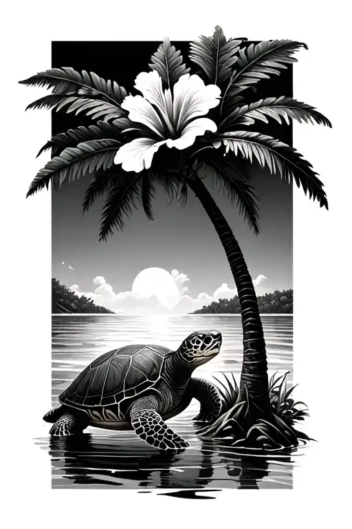 Hibiscus Flower Blooming Sea Turtle And Palm Tree Growing