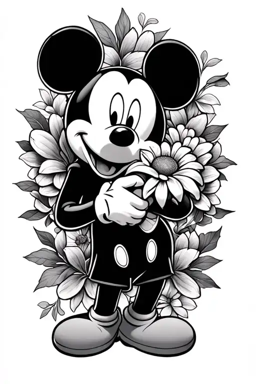 Mickey Mouse Holding Flower Intertwined