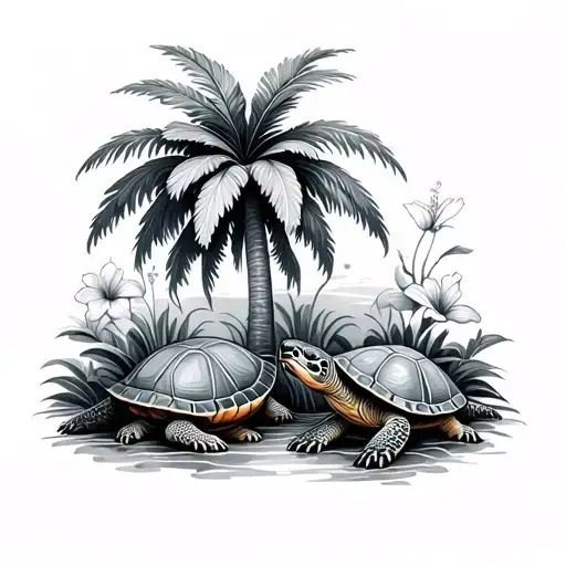 Palm Tree And Turtles With Hibiscus Flower Growing