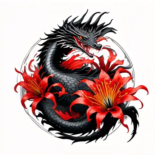 Black Dragon With Red Spider Lily Wrapping Around The Body