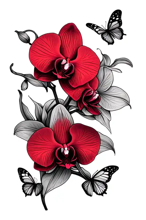 Orchid Flowers Tattoo Wrapped Around Forearm With Butterflies Red And Black Color