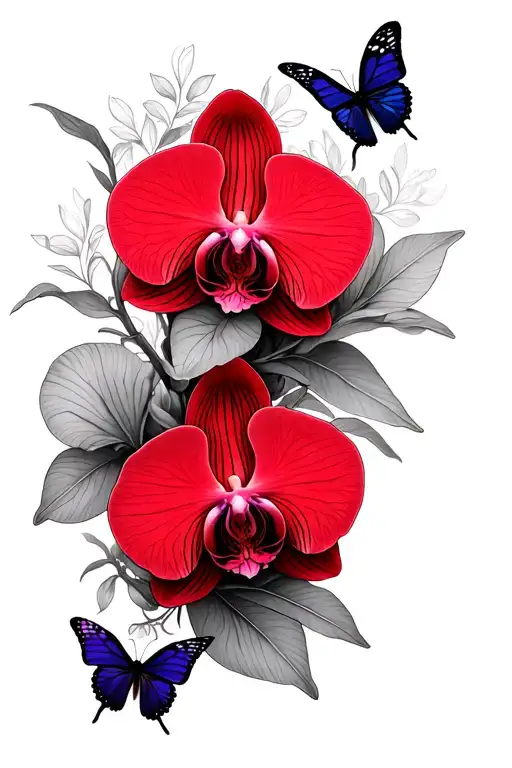 Orchid Flowers Tattoo Wrapped Around Forearm With Butterflies Red And Black Color