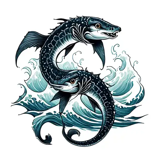 Two Sea Serpants On The Waves Eating Each Other Tails Around Forehand