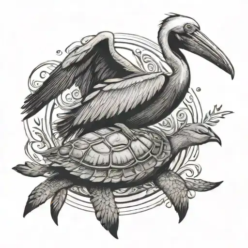 Pelican Flying And Turtle Swimming