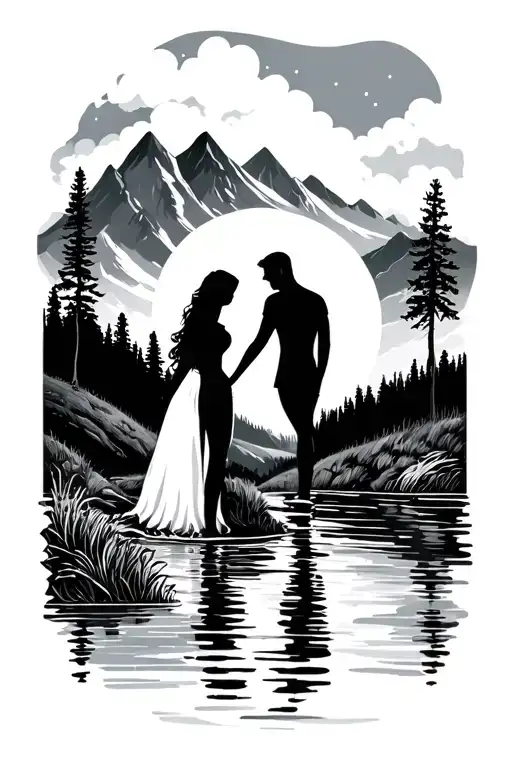Nature With Mountains Water And Land With Silhouette Of Couple