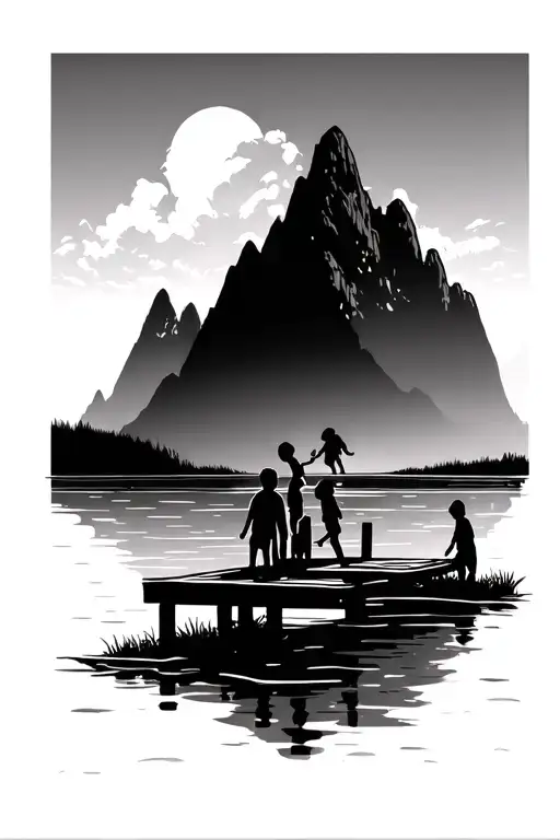 Nature With Mountains Water And Land With Silhouette Of Children On A Dock