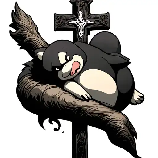 Cross Or Crucifix On Forearm With Snorlax Laying And Leaning On It