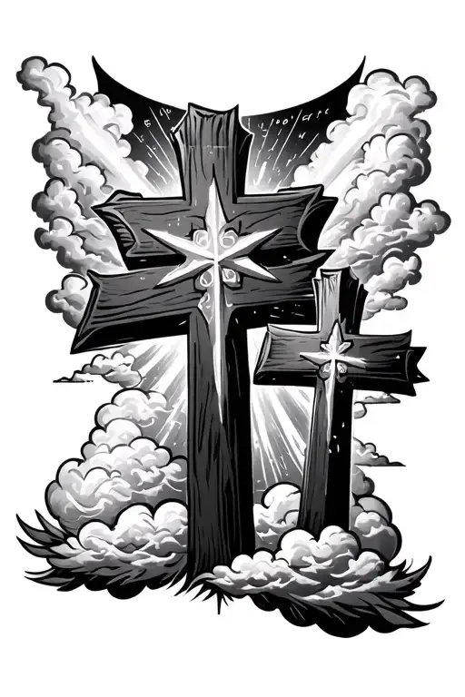 Three Crosses With A Shooting Star Behind It And Clouds With A Bible Verse