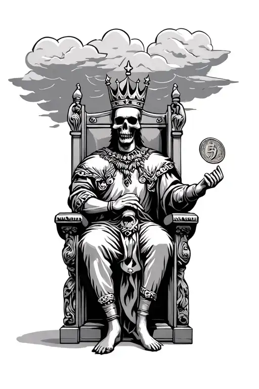 King With A Skull As Face Sitting In A Throne Flipping A Coin With Clouds On The Background