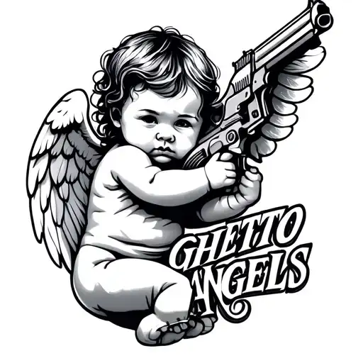 Baby Angel Holding A Gun With The Words Ghetto Angels