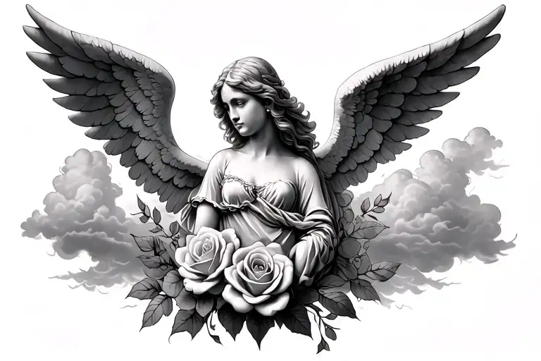 Angel Tattoo With Roses And Clouds