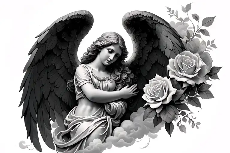 Angel Tattoo With Roses And Clouds