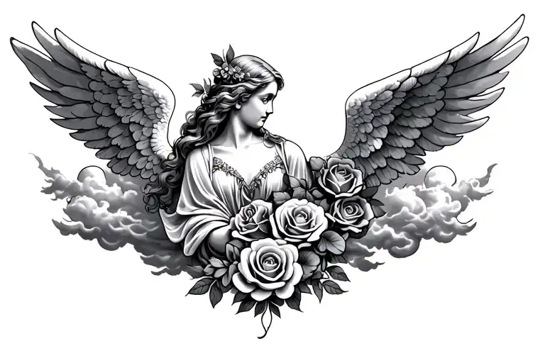 Symetrical Angel Tattoo And Roses And Clouds Surrounding