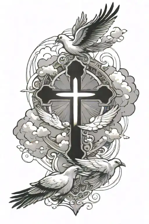 Cross With Doves And Clouds Around It Luminous Points