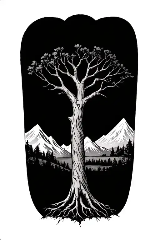 Oak Tree With Roots And Mountains