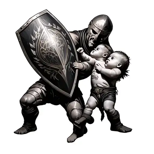 Spartant Protecting A Baby With Is Shield