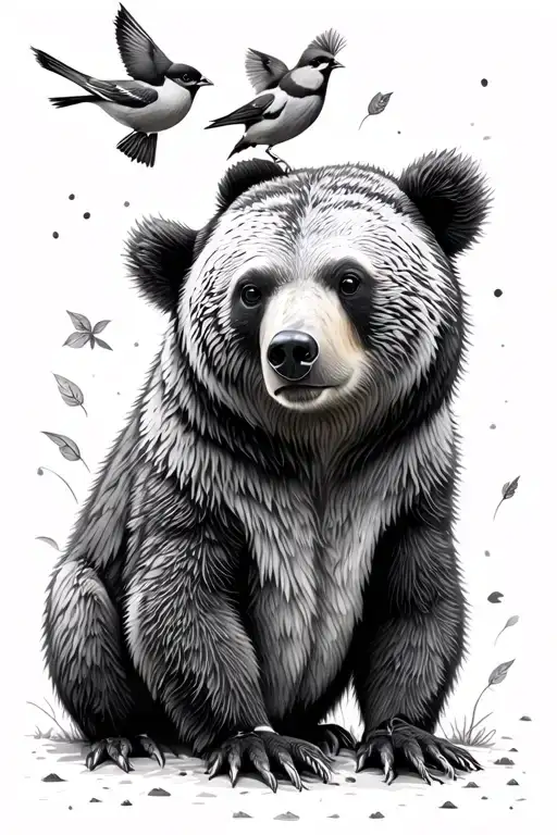 Bear And Sparrows In Nature Theme