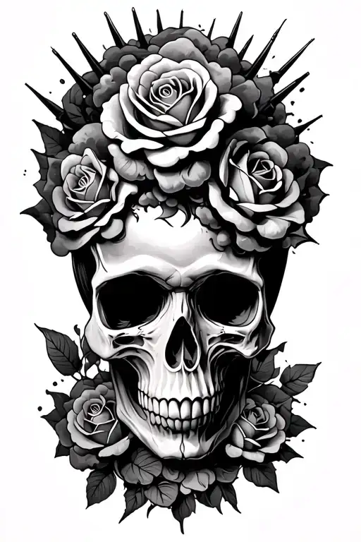 Skull Tattoo With Clouds At The Back Roses And Spiky Bob Wire Going All Around
