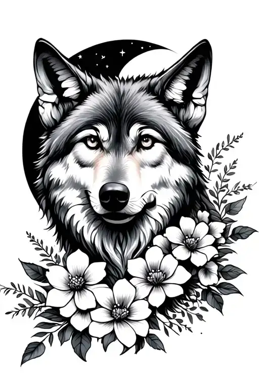 Wolf In Moon With Flowers