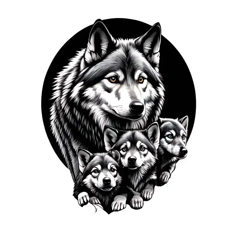 Wolf And 5 Pups