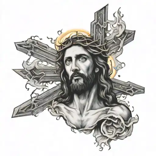 Jesus Christ On The Cross On Fire Surrounded By Burned Ashes