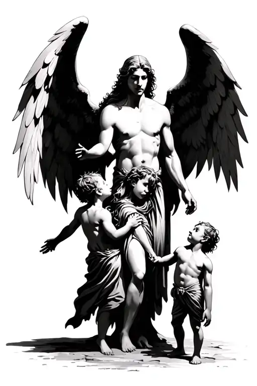 Archangel Protecting Two Children Surrounded By Demons