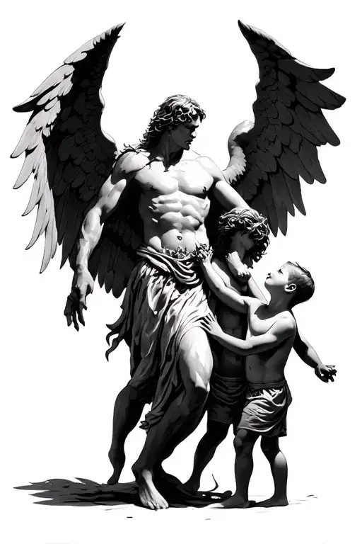 Archangel Fighting Demons While Protecting Two Children