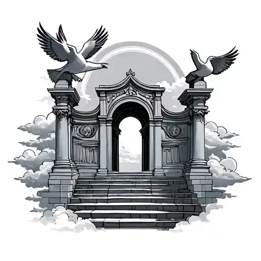 Stair To Heven Gates And Doves With Clouds
