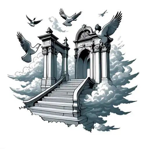 Stair To Heven Gates And Doves With Clouds