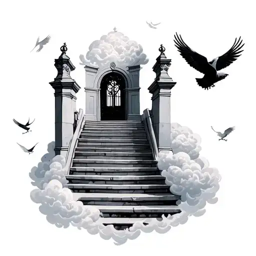 Stair To Heven Gates And Doves With Clouds
