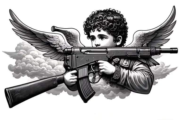 Cherubino With Ak47 Near Clouds