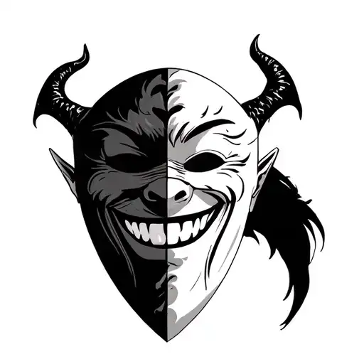 Tattoo About A Demon That Half Hides Behind A Smiling Mask