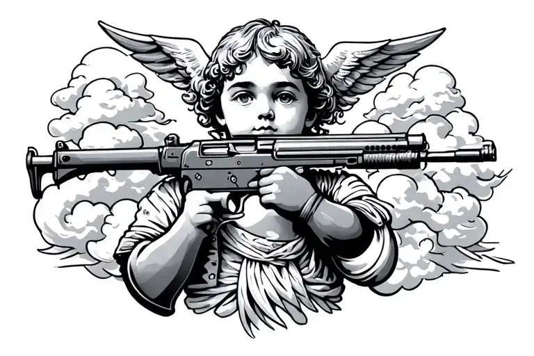 Cherubino With Ak47 Stylized Near Clouds