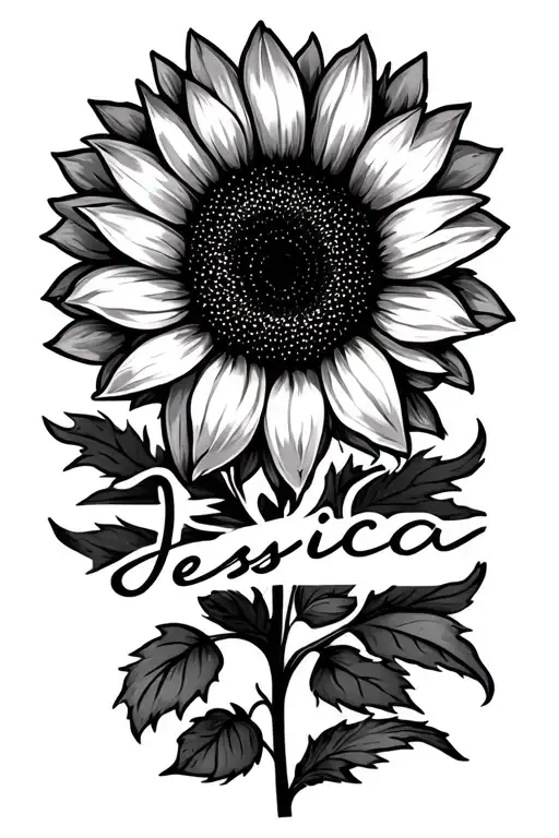 Jessica Name In Cursive With A Sunflower Tattoo Realism On The Flower And Have Them Connected