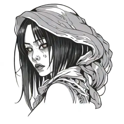 Black And White Anime Girl Character With Gore Junji Ito Style