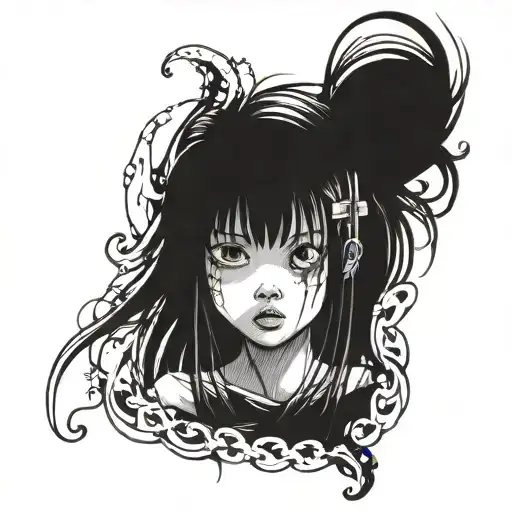 Black And White Anime Girl Character With Gore Junji Ito Style