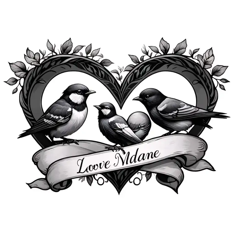 3 Bird Love Heart Ribbon With 3 Names