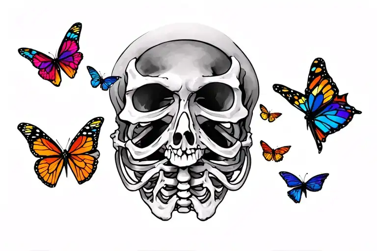 Colorful Butterflies Trapped Within The Rib Cage Of A Skeleton