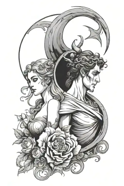 Hades And Persephone Looking At Each Other And Half Moon