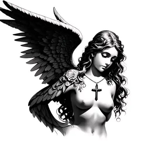 Female Angel With Cross Necklace