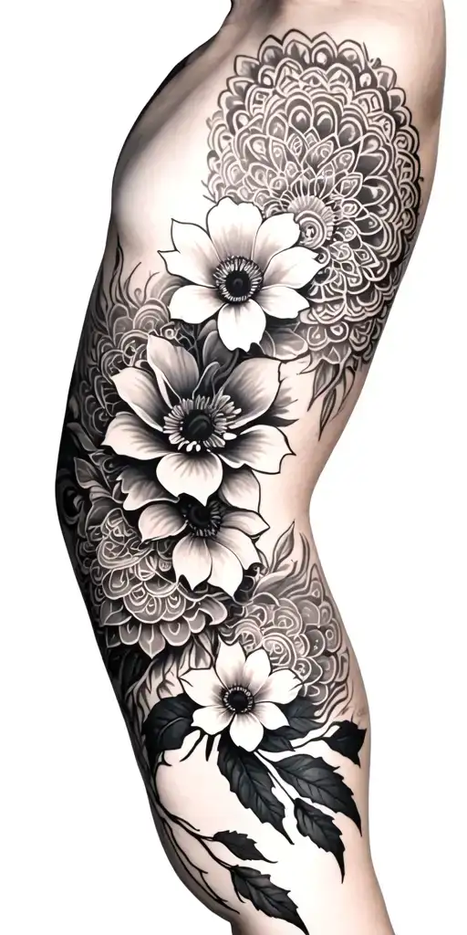 A Full Sleeve Based On Flowers And Including Mandalas