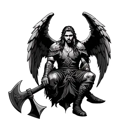 Warrior Angel With Ax Sitting In A Viking