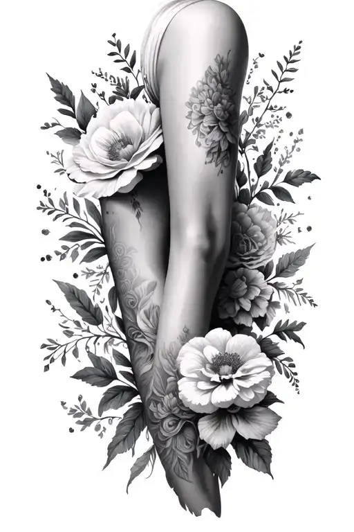 A Full Feminine Leg Sleeve With Different Types Of Flowers And No Gaps