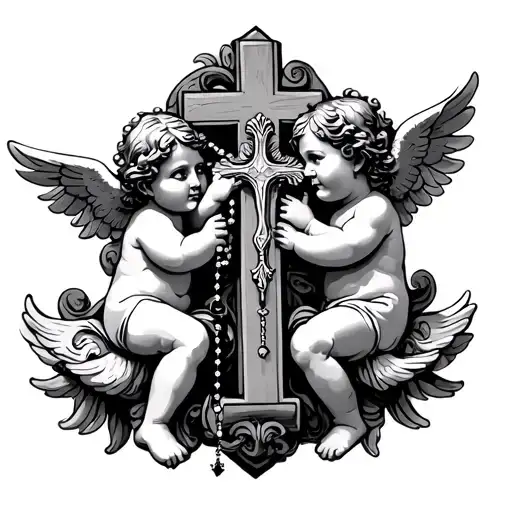 Cherubs Holding A Cross With A Rosary