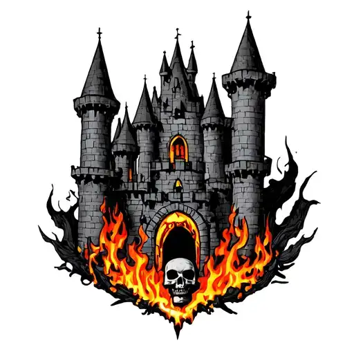 Castle On Fire With Skulls Surrounded