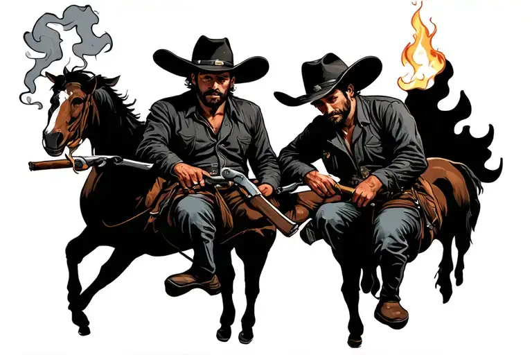 Two Cowboys Aroud A Fire Smoking Cigars