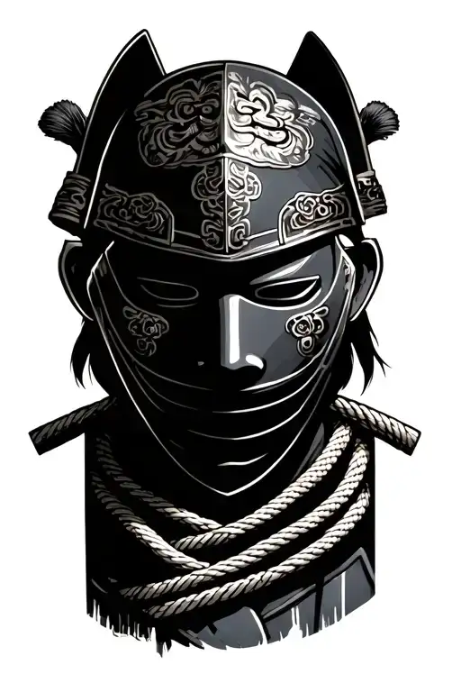 Japanese Samurai With Omi Mask Covering Face With Rope Around Neck