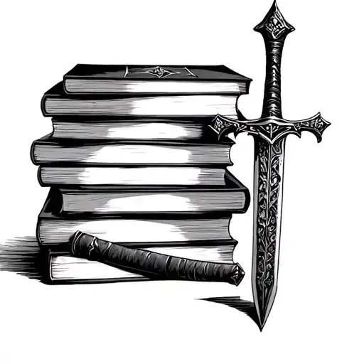 Stack Of Books With Dagger Propped Up Agaisnt It